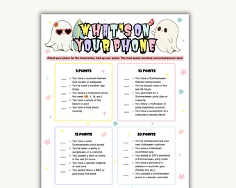 サマーウィーン スプーキーサマー あなたのスマホには何が入っていますか？ゲーム（印刷可能なPDF）、サマーウィーンパーティーにぴったりの夏のゴーストスマホゲーム
