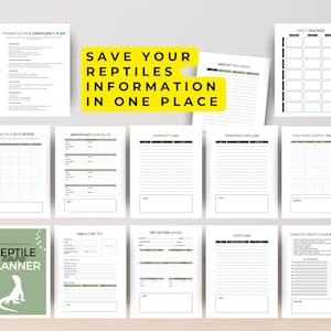 May include: A collection of reptile care planner pages. The pages include sections for emergency plans, weight records, daily tracking, health notes, important contacts, and more. The planner has a green and white cover with the text "Reptile Planner".