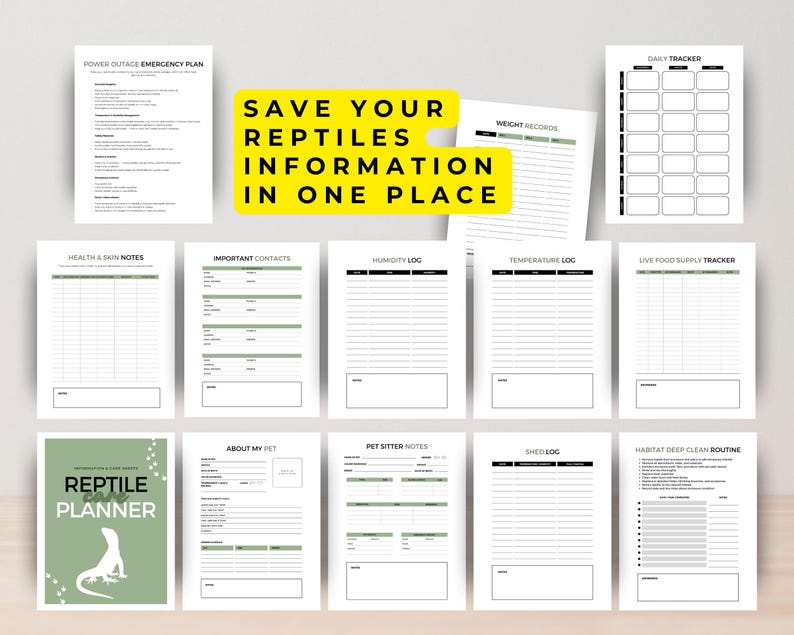 May include: A collection of reptile care planner pages. The pages include sections for emergency plans, weight records, daily tracking, health notes, important contacts, and more. The planner has a green and white cover with the text "Reptile Planner".