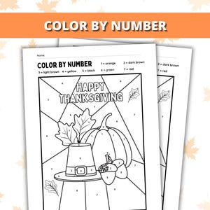 May include: Two black and white "Color by Number" Thanksgiving colouring pages. The pages feature a pumpkin, pilgrim hat, and the words "Happy Thanksgiving". The colour key includes orange, dark brown, light brown, yellow, black, green, and red.