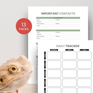 May include: A reptile care planner with pages for important contacts and a daily tracker. The planner includes sections for mood/energy, appetite, and water intake. The cover features a red circle with the text "13 PAGES".