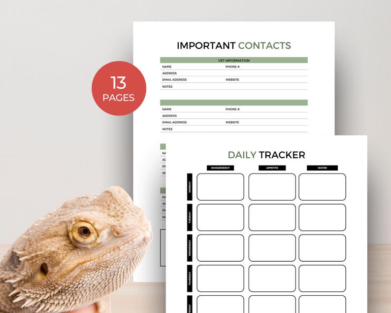 May include: A reptile care planner with pages for important contacts and a daily tracker. The planner includes sections for mood/energy, appetite, and water intake. The cover features a red circle with the text "13 PAGES".