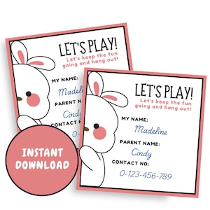 Playdate Cards Pink Bunny Rabbit | Let&#39;s Play | Play Date Cards, Cute Kids Business Cards, Kids Calling Cards, Friend Playdate Invitation