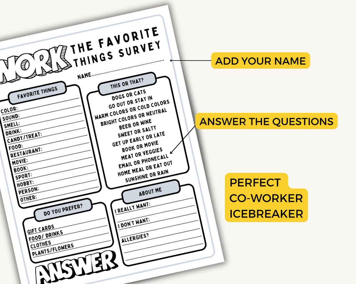 Team Building Get to Know Me Questionnaire Printable, My Favorite ...