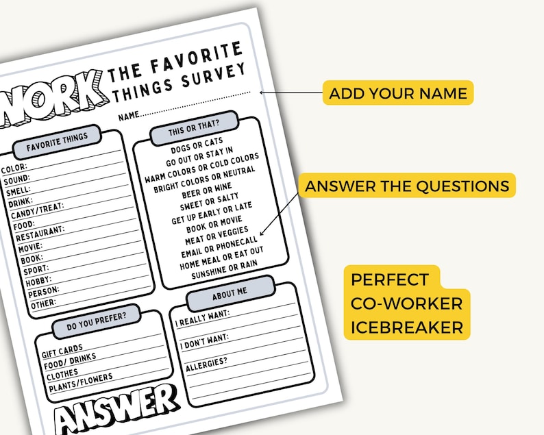 Team Building Get to Know Me Questionnaire Printable, My Favorite ...