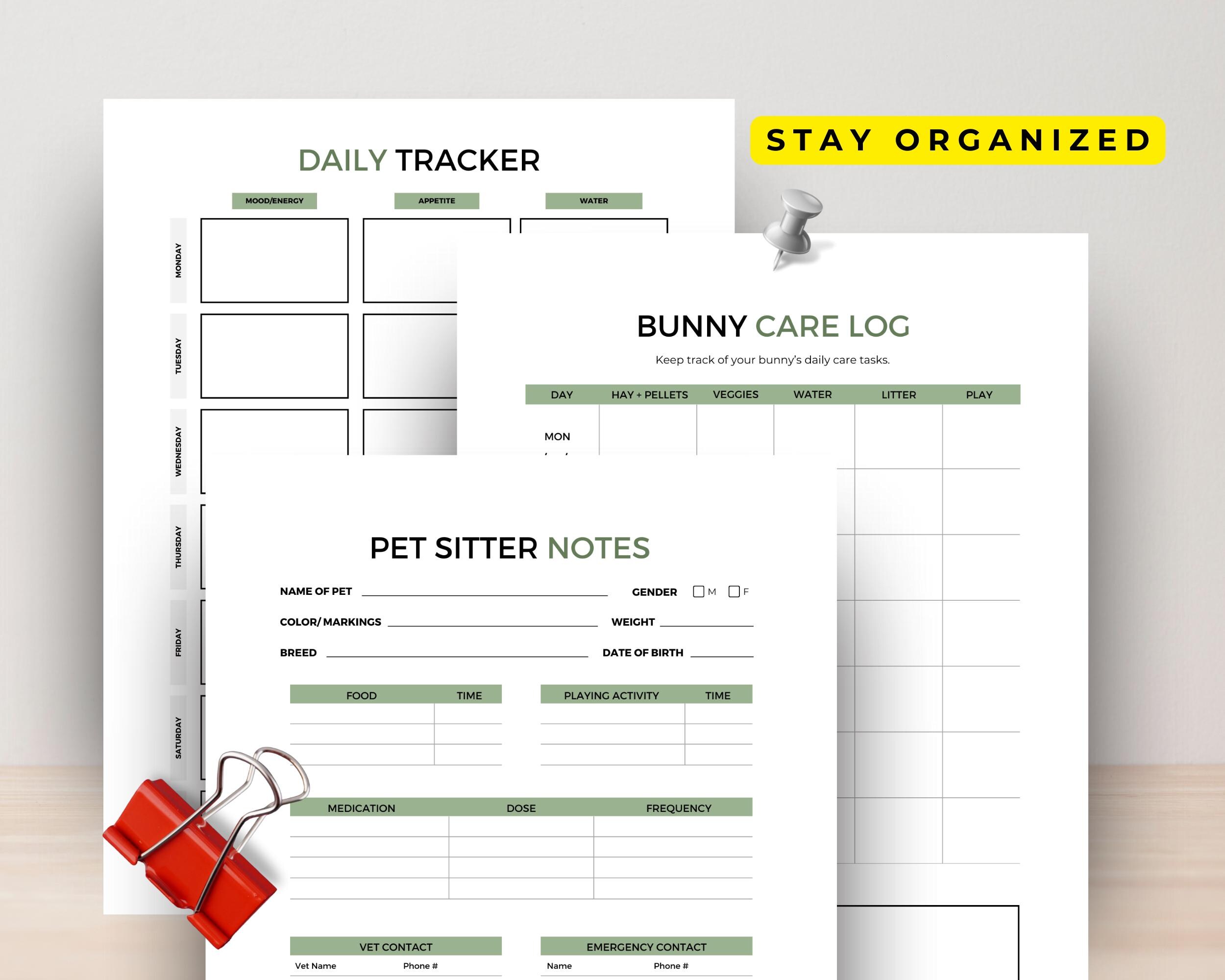 Printable Rabbit Care Bunny Rabbit Care Planner Printable Template US Letter, Bunny Care ...