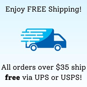 May include: Blue graphic of a delivery truck with the text "Enjoy FREE Shipping!" above it. Below the truck, the text reads "All orders over $35 ship free via UPS or USPS!"