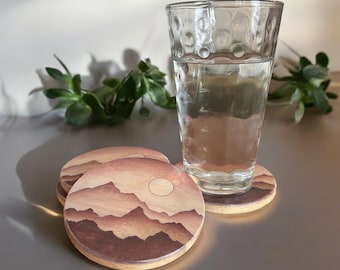 Mountain Sunset Wood Coasters: Cottagecore Drink Coasters, Set of 4