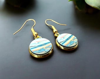 Sunset Beach Wooden Dangle Earrings: Coastal Art Jewelry