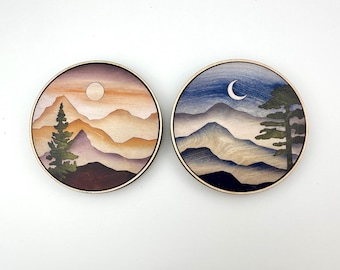 Forest Mountain Wood Magnets, Adventure Cabin Frig decor, Sun and Moon Magnets, Gift for hiker, Gift for nature lover, gift for daughter