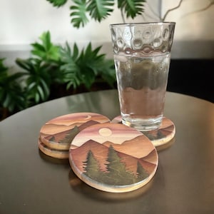 Forest Mountain Coaster Set, Round Wood Coaster Set, Rustic Wooden Coasters, Coaster set of 4, Cabin Decor, New Home Gift, Birthday Gift