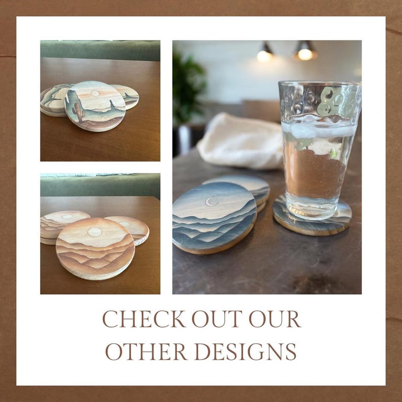 May include: Set of four round coasters with painted designs. Two coasters feature a mountain range with a crescent moon, and two coasters feature a desert landscape with a sun. The coasters are made of wood and have a natural finish.