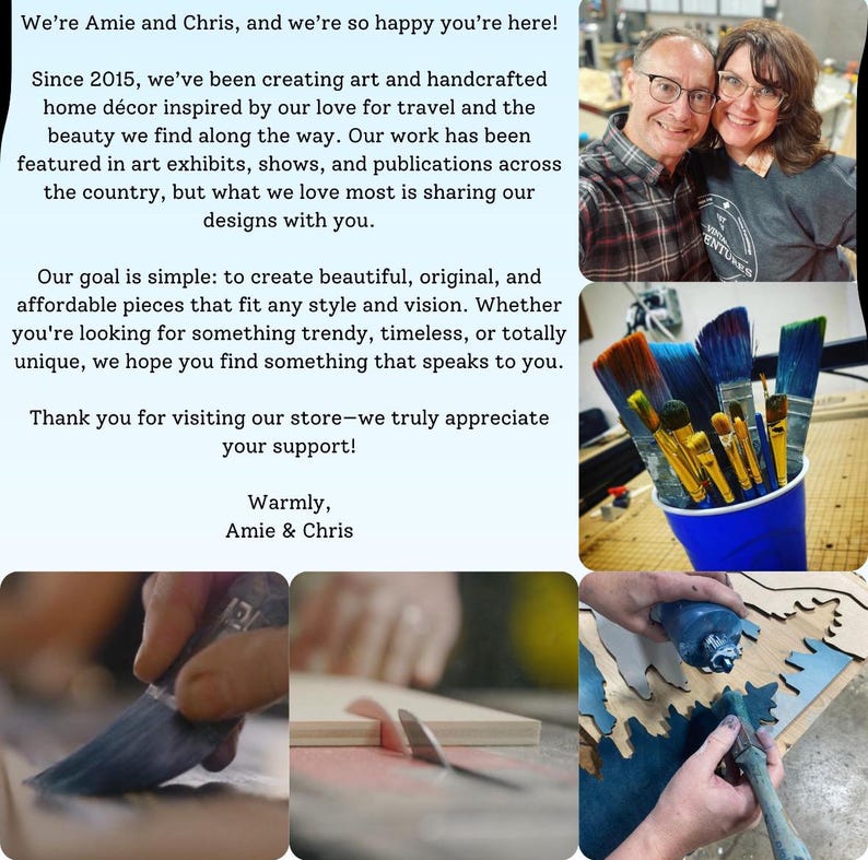 May include: A couple stands in a workshop, smiling at the camera. They are surrounded by art supplies and tools. The text "We're Amie and Chris, and we're so happy you're here!" is visible in the top left corner of the image. The text "Warmly, Amie & Chris" is visible in the bottom center of the image.