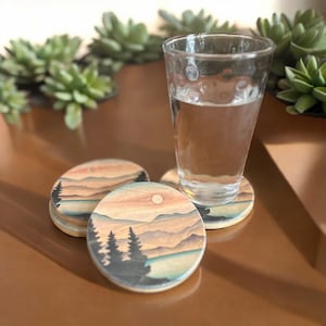 Forest Wood Coaster Set, Round Mountain Coaster Set, Coaster set of 4, Rustic Mountain Cabin Decor, Wedding gift, Anniversary Gift, Gifts