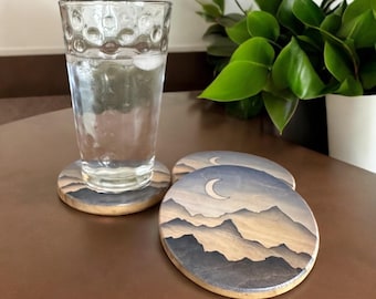 Mountain Wood Coaster Set |  Handcrafted Wooden Drink Coasters | Coffee Table Artwork | housewarming Gift Gir Friend | Rustic Home Decor