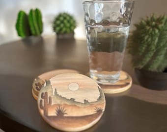 Desert Wood Coaster Set, Cactus Wooden Coaster Set, End Table Coasters, Southwestern Home Decor, House Warming Gift.