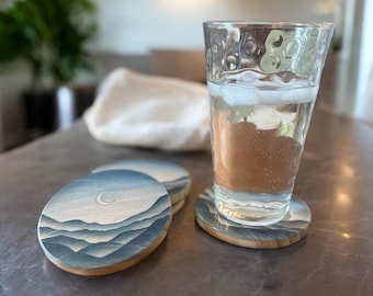 Wood Mountain Coaster Set, Moon Landscape Wooden Coasters, Coaster Set of 4, Rustic Home Decor, House warming Gift, Birthday Gift