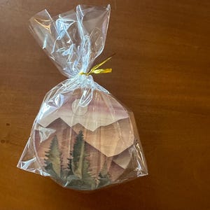May include: A clear cellophane bag tied with gold ribbon contains several round coasters. Each coaster features a watercolor design of a mountain range and evergreen trees in shades of green, brown, and pink.