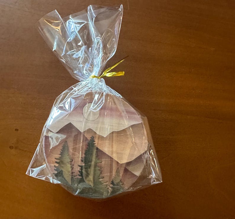 May include: A clear cellophane bag tied with gold ribbon contains several round coasters. Each coaster features a watercolor design of a mountain range and evergreen trees in shades of green, brown, and pink.