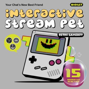 Könnte beinhalten: Grafische Darstellung einer Retro-Handheld-Konsole mit einem pixeligen Smiley-Gesicht. Der Text lautet "interactive stream pet" in einer verspielten Schriftart, sowie "Retro Gameboy". Das Bild enthält auch eine Blase mit der Zahl 15.