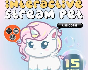 May include: An illustration of a cartoon unicorn with a pink mane and horn. The text "Interactive Stream Pet" is displayed above the unicorn. The image also includes the text "15 Animated Reaction" and the word "Unicorn".