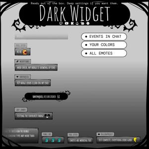 May include: A digital interface overlay titled Dark Widget with a gray gradient background. It features chat bubbles with usernames like Pixel_Otter, Mintycable, and Ravenquill, alongside buttons for Events in Chat, Your Colors, and All Emotes.