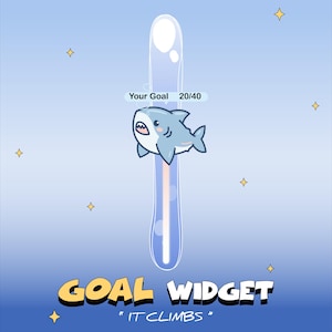 May include: A digital goal widget graphic featuring a light blue shark character climbing a vertical progress bar. The text "Your Goal 20/40" appears above the shark, with "GOAL WIDGET" and "IT CLIMBS" displayed in bold lettering at the bottom.