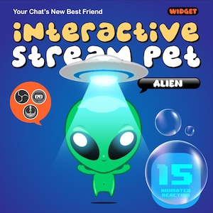May include: A cartoon illustration of a green alien with large white eyes, illuminated by a blue beam from a UFO. The text reads "Interactive Stream Pet" and "Alien". Bubbles and the number "15" with "Animated Reaction" are also featured.
