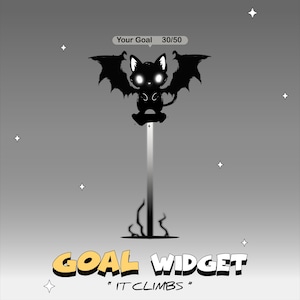 Peut inclure: Un graphique numérique montrant un chat noir avec des ailes de chauve-souris debout sur une barre verticale. Au-dessus du chat, une bulle affiche le texte Your Goal 30/50. En bas, le texte GOAL WIDGET IT CLIMBS est inscrit en lettres.