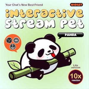 May include: A cartoon panda bear with a bamboo stalk is the central image. The text "interactive Stream Pet" is in a whimsical font. Other text includes "Your Chat's New Best Friend", "Widget", "Panda", "Lite version", and "10x reaction".
