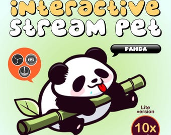 Puede incluir: Imagen de un oso panda de dibujos animados sosteniendo un tallo de bambú. El texto "interactive Stream Pet" se muestra en una fuente lúdica. El texto adicional incluye "Your Chat's New Best Friend", "Widget", "Panda", "Lite version" y "10x reaction".