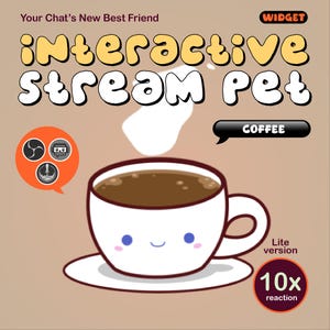 Puede incluir: Ilustración de una taza de café blanca con una cara sonriente, llena de café marrón y un platillo. La imagen incluye el texto "interactive Stream Pet" y "COFFEE". Un pequeño círculo naranja con iconos está a la izquierda y un círculo rojo con "10x reaction" en la parte inferior derecha.