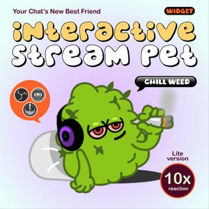 May include: A digital graphic featuring a green, anthropomorphic plant character wearing purple headphones and holding a lit cigarette. The text reads: Your Chat's New Best Friend, WIDGET, INTERACTIVE STREAM PET, CHILL WEED, Lite version, and 10x reaction.