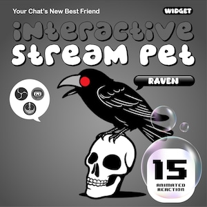 Könnte beinhalten: Illustration eines schwarzen Raben mit roten Augen, der auf einem weißen Schädel sitzt. Das Bild enthält den Text "Interactive Stream Pet" und "Raven". Eine Blase zeigt "15 Animated Reaction". Der Hintergrund ist ein Grauton.