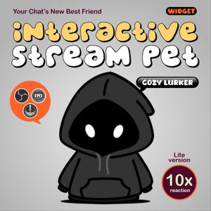 Op de afbeelding: Illustratie van een stripfiguur in een zwarte hoodie met witte ogen. De tekst "interactive Stream Pet" is in geel en wit. Een oranje tekstballon bevat drie pictogrammen. De tekst "COZY LURKER" staat in een zwarte tekstballon.