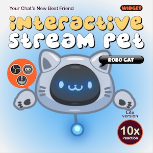 Puede incluir: Ilustración de dibujos animados de un gato robot con el texto "Interactive Stream Pet". El gato es gris con una cara de pantalla negra y acentos azules. La imagen incluye el texto "ROBO CAT" y "10x reaction".