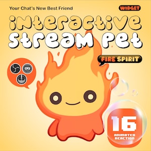 Pode incluir: Ilustração de um personagem de fogo de desenho animado com chamas laranja e um rosto sorridente. A imagem inclui o texto "Interactive Stream Pet", "Fire Spirit" e "16 Animated Reaction".