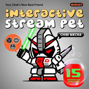 Puede incluir: Ilustración de un personaje mecha chibi con un sable de luz verde y una espada. La imagen incluye el texto "Interactive Stream Pet" y "Animated Reaction 15". Una burbuja de diálogo contiene tres iconos.