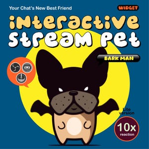 Op de afbeelding: Een cartoon illustratie van een zwart-bruine Franse bulldog met de tekst "Interactive Stream Pet". De afbeelding bevat de tekst "Your Chat's New Best Friend" en "Widget". Een gele cirkel staat achter de hond.