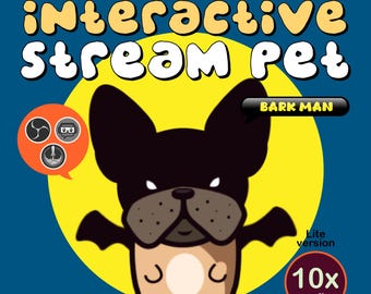 May include: A cartoon illustration of a black and tan French bulldog with the text "Interactive Stream Pet." The image includes the text "Your Chat's New Best Friend" and "Widget." A yellow circle is behind the dog.