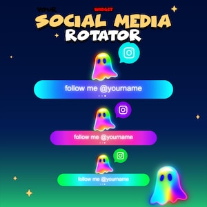 Op de afbeelding: Een digitale afbeelding met de titel YOUR WIDGET SOCIAL MEDIA ROTATOR met vier iriserende regenboogkleurige spookpictogrammen met blauwe ogen. Drie horizontale balken tonen de tekst follow me @yourname, elk vergezeld van een Instagram-icoon.