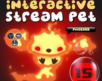 Puede incluir: Gráfico digital con el texto "Your Chat's New Best Friend" e "Interactive Stream Pet". La imagen presenta un fénix de dibujos animados con llamas, burbujas y una esfera roja con el número 15. La palabra "Phoenix" está en un bocadillo.