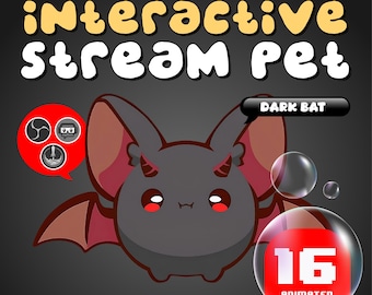 May include: A graphic for an interactive stream pet, a dark gray cartoon bat with red eyes and horns. The text reads "Interactive Stream Pet" and "Dark Bat". A red bubble shows "16 Animated Reaction". The background is dark gray.