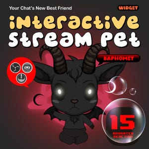 Può includere: Grafica digitale con un cartone animato di una capra nera con occhi e corna luminose, etichettata "Baphomet". Il testo "Interactive Stream Pet" è visualizzato sopra la capra. Una bolla mostra "15 Animated Reaction".