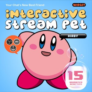 Könnte beinhalten: Ein rosa Cartoon-Charakter, 'Kirby', mit großen blauen Augen und roten Füßen, steht im Mittelpunkt. Der Text 'Interactive Stream Pet' wird in einer verspielten Schriftart angezeigt. Das Bild enthält auch den Text '15 Animated Reaction' und 'Widget'.