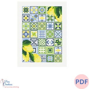 Lemon Mosaic cross stitch pattern, Tiles cross Stitch design, Springtime Cross stitch download PDF. Spring designs