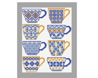 Coffee Cups Collection cross stitch pattern, Cross stitch download PDF. Perfect for seasoned stitchers. Punto Cruz Mosaicos