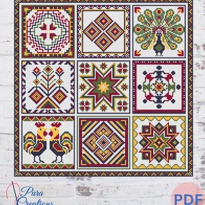 Puede incluir: Un patrón de punto de cruz con nueve motivos cuadrados dispuestos en una cuadrícula. Los diseños incluyen formas geométricas, un pavo real, un arreglo floral, una estrella, un patrón folclórico circular y dos gallos. Texto Pura Creations y PDF.