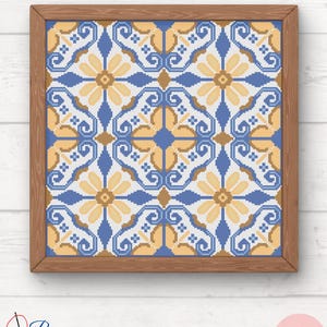May include: A framed cross-stitch pattern featuring a repeating design of blue, yellow, and white floral and geometric shapes. The artwork is in a wooden frame. The lower left corner has the text "Pura Creations" and the lower right corner has the text "PDF".