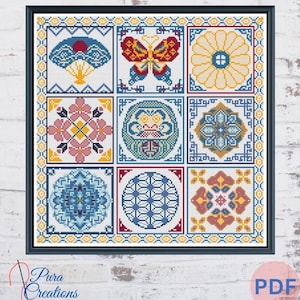 May include: A framed cross-stitch pattern featuring nine square designs with floral, fan, and butterfly motifs in blue, red, yellow, and pink. The border is a repeating geometric pattern. The text "Pura Creations" and "PDF" are visible.